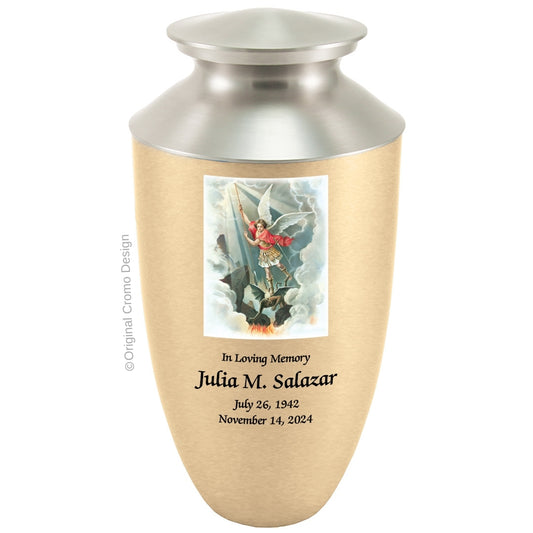 Catholic cremation urn with Saint Michael Archangel  Wood finish by Cromo NB