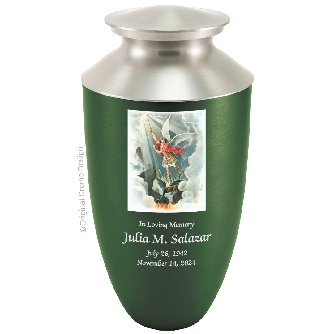 Catholic cremation urn with Saint Michael Archangel  Wood finish by Cromo NB