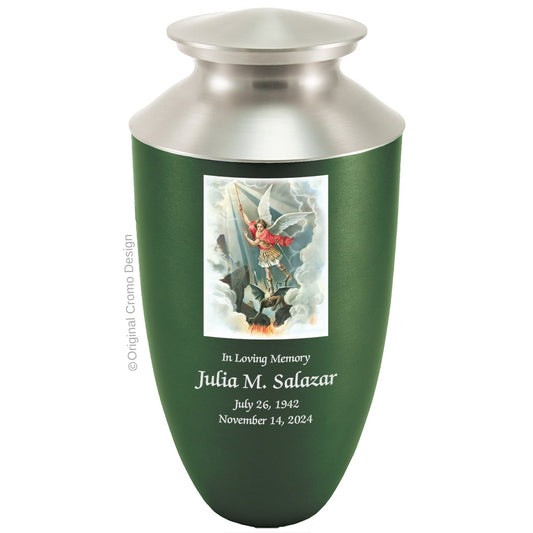 Catholic cremation urn with Saint Michael Archangel  Wood finish by Cromo NB