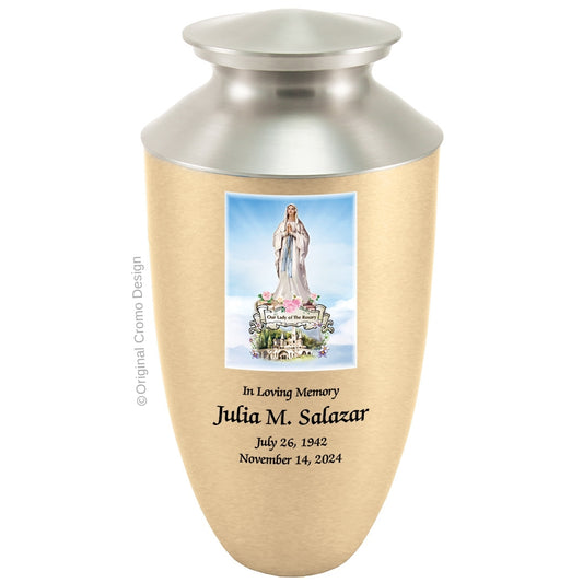 Catholic cremation urn with Our Lady of the Rosary  Wood finish by Cromo NB