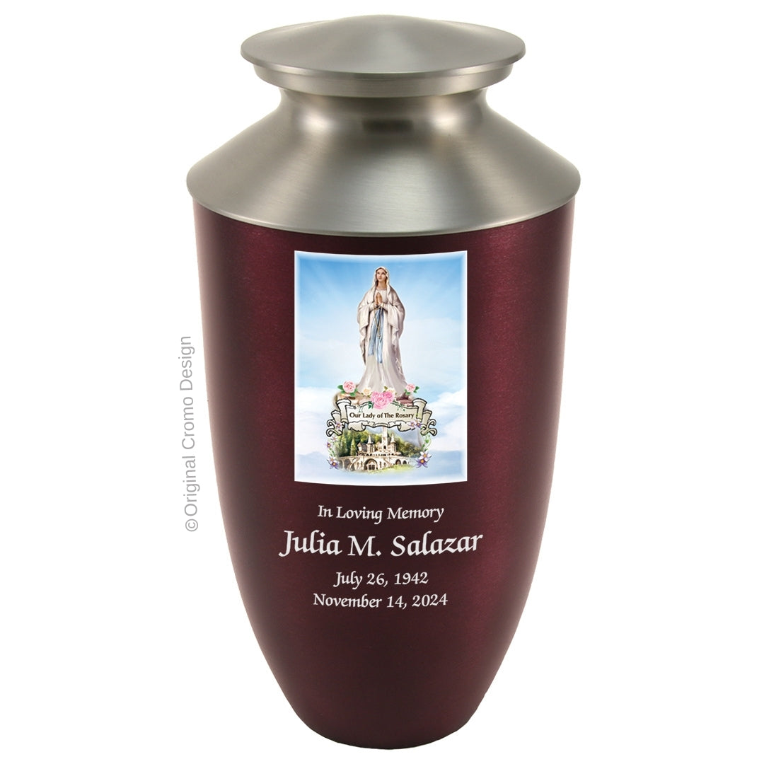Catholic cremation urn with Our Lady of the Rosary  Wood finish by Cromo NB