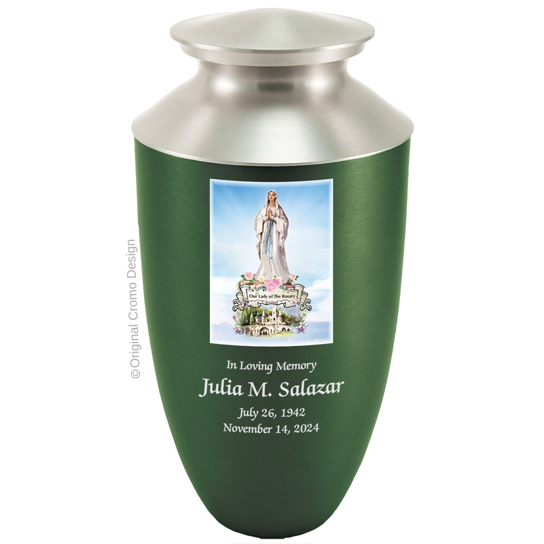 Catholic cremation urn with Our Lady of the Rosary  Wood finish by Cromo NB