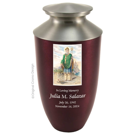 Catholic cremation urn with Saint Patrick  Wood finish by Cromo NB