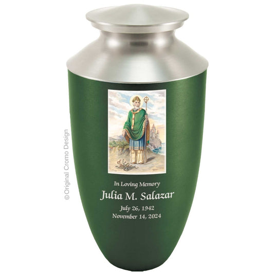 Catholic cremation urn with Saint Patrick  Wood finish by Cromo NB