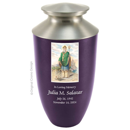 Catholic cremation urn with Saint Patrick  Wood finish by Cromo NB