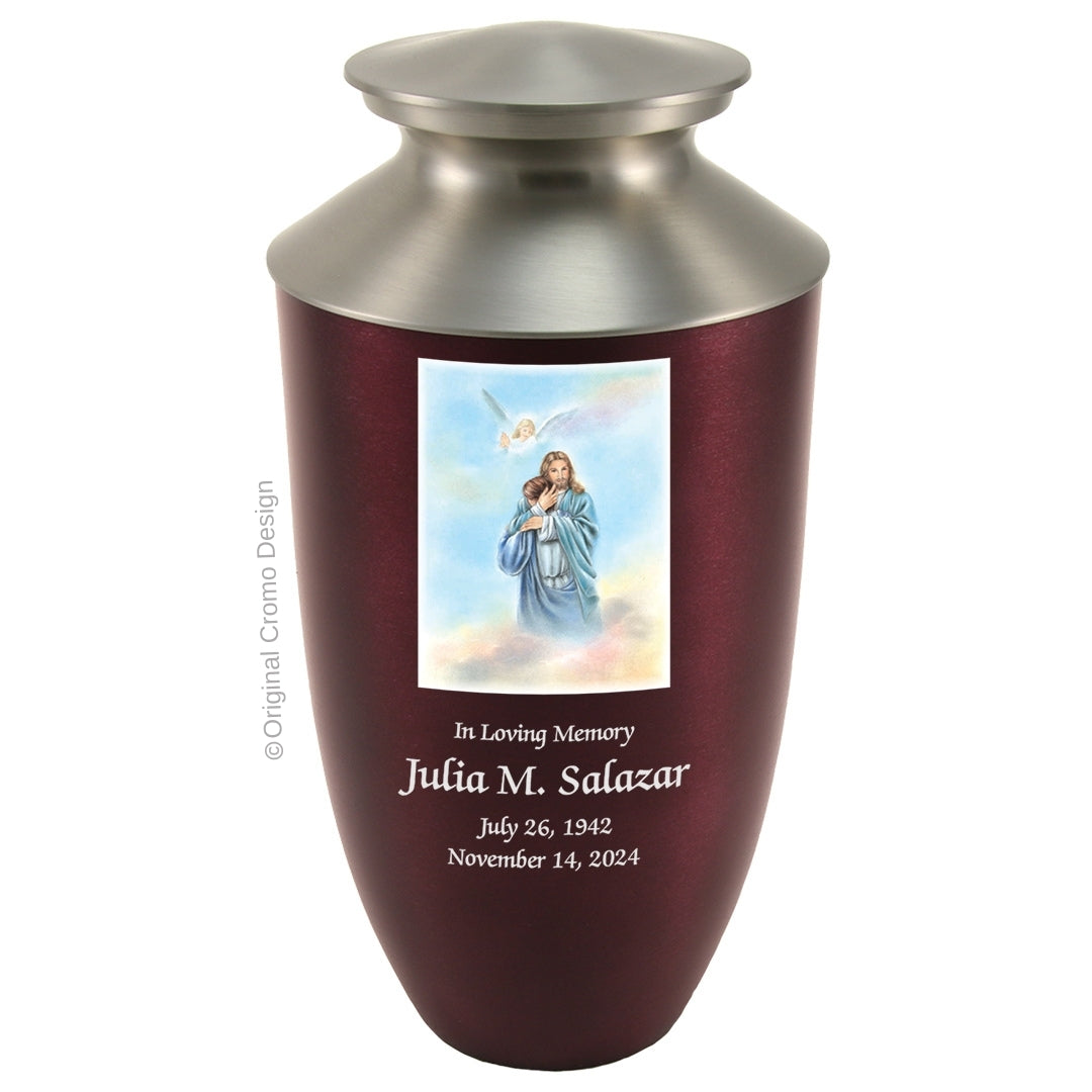Catholic cremation urn with Paradise Jesus Hugging  Wood finish by Cromo NB