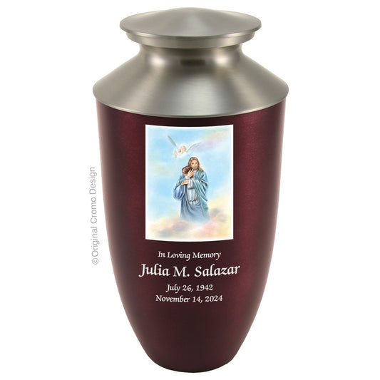 Catholic cremation urn with Paradise Jesus Hugging  Wood finish by Cromo NB