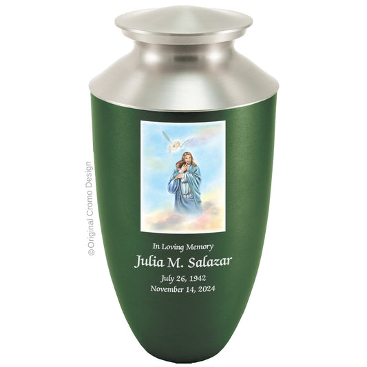 Catholic cremation urn with Paradise Jesus Hugging  Wood finish by Cromo NB