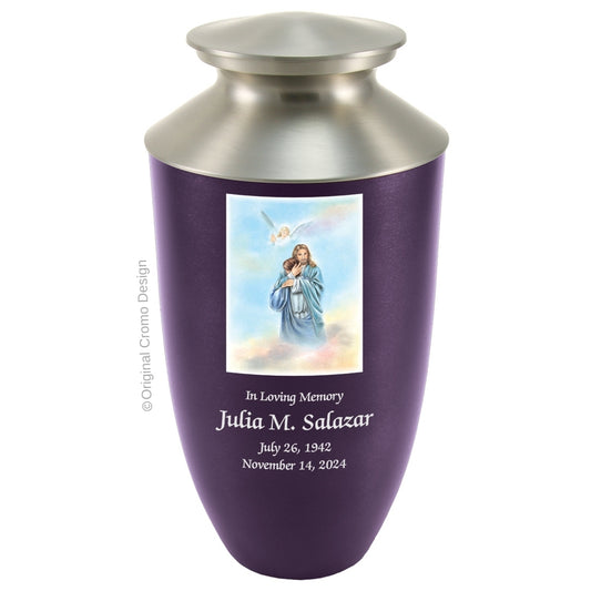 Catholic cremation urn with Paradise Jesus Hugging  Wood finish by Cromo NB
