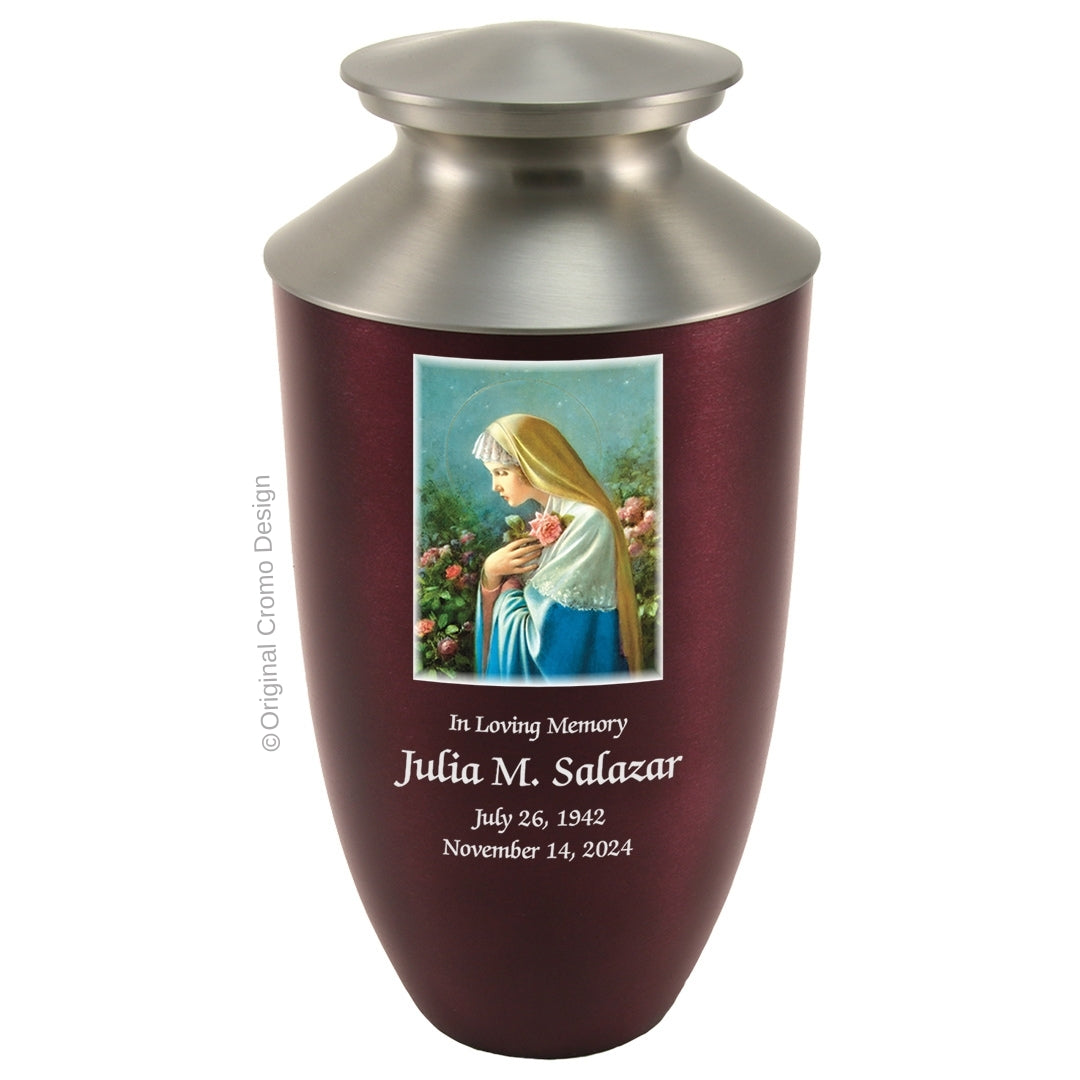 Catholic cremation urn with Mystical Rose  Wood finish by Cromo NB