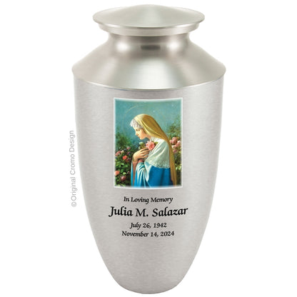 Catholic cremation urn with Paradise Jesus Hugging  Wood finish by Cromo NB