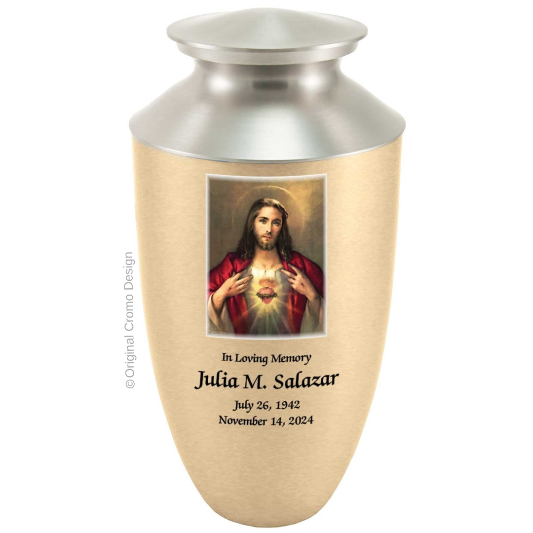 Catholic cremation urn with Sacred Heart of Jesus  Wood finish by Cromo NB