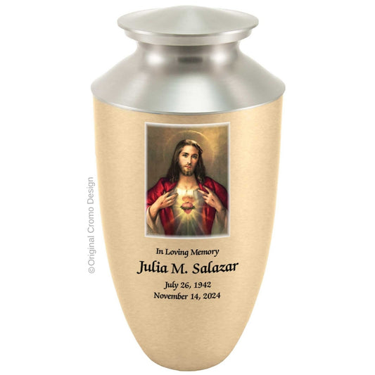 Catholic cremation urn with Sacred Heart of Jesus  Wood finish by Cromo NB