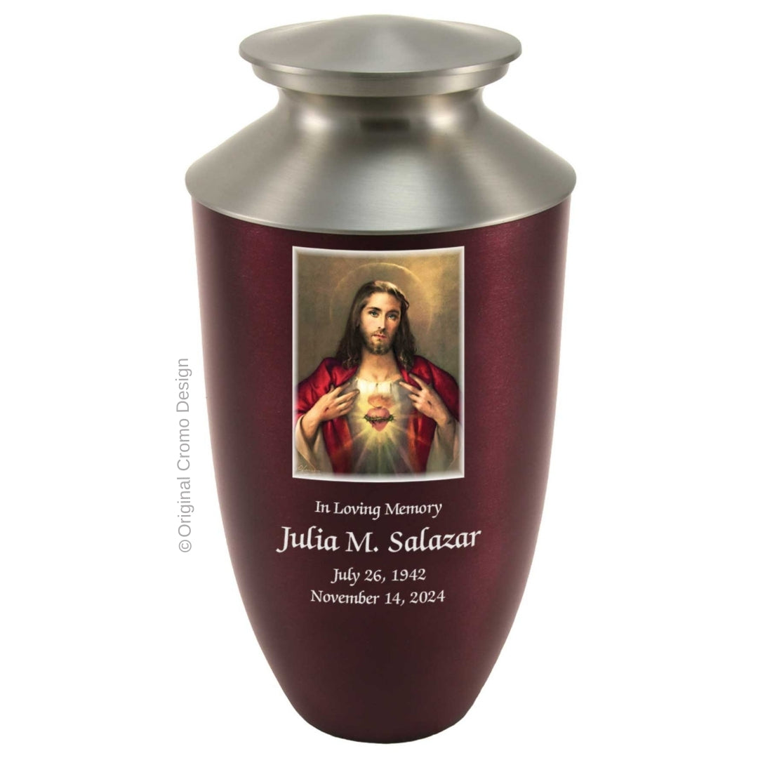 Catholic cremation urn with Sacred Heart of Jesus  Wood finish by Cromo NB