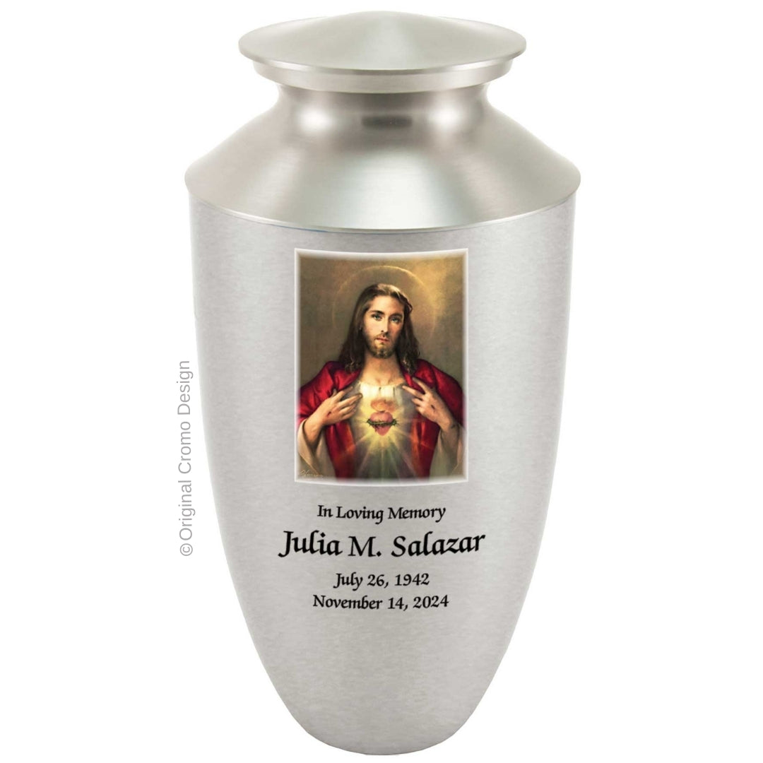 Catholic cremation urn with Mystical Rose  Wood finish by Cromo NB