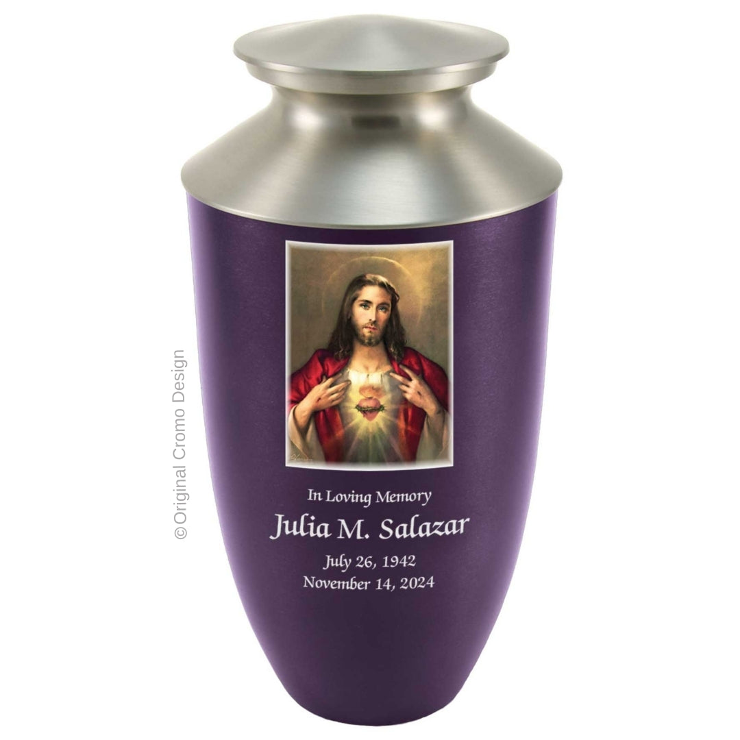 Catholic cremation urn with Sacred Heart of Jesus  Wood finish by Cromo NB