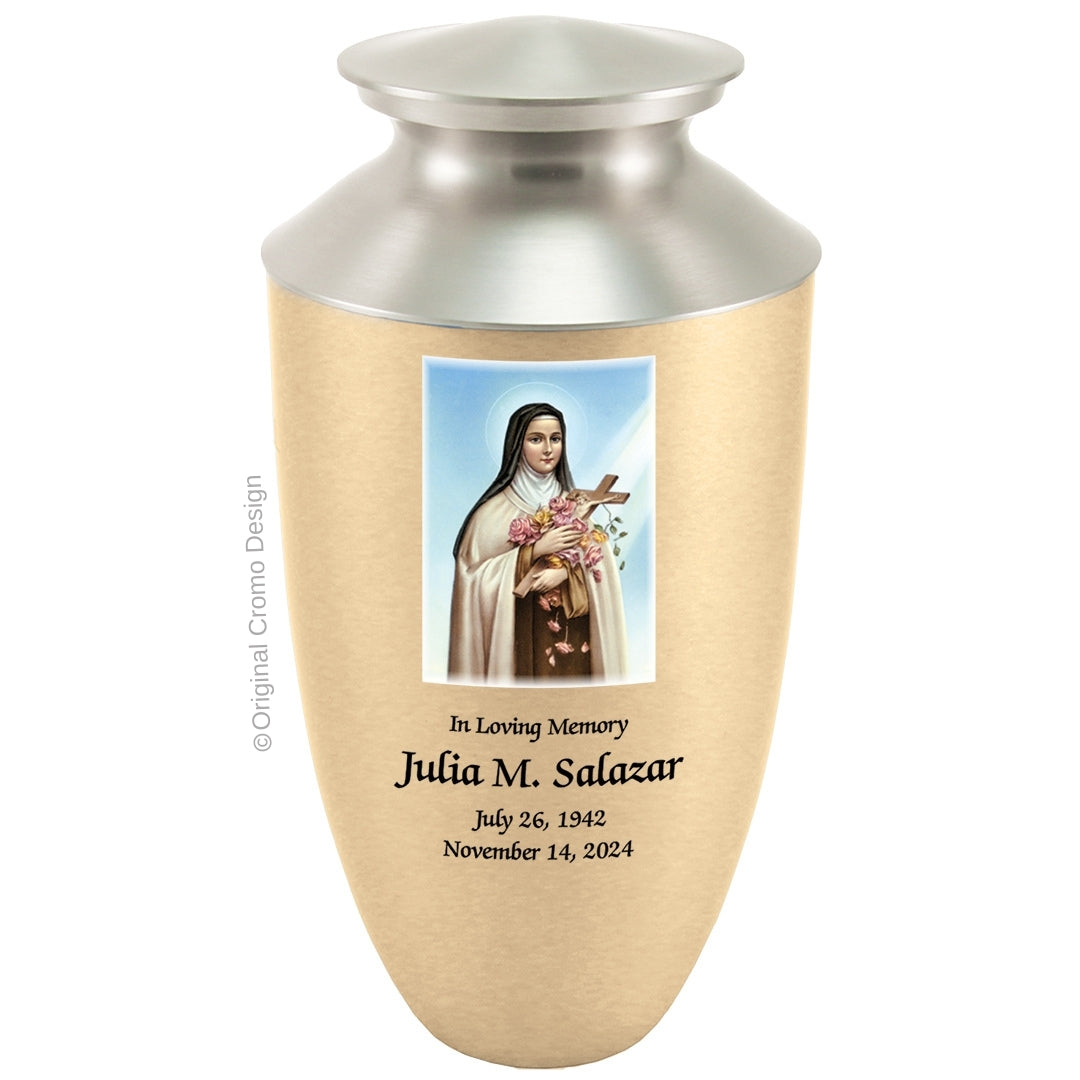 Catholic cremation urn with Saint Therese  Wood finish by Cromo NB