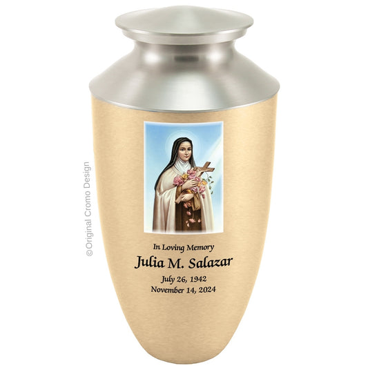 Catholic cremation urn with Saint Therese  Wood finish by Cromo NB