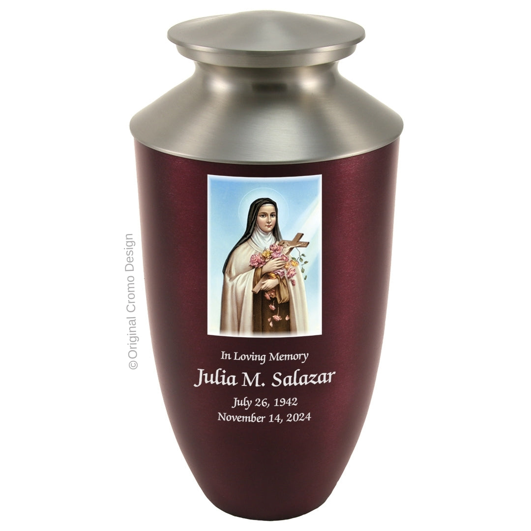 Catholic cremation urn with Saint Therese  Wood finish by Cromo NB