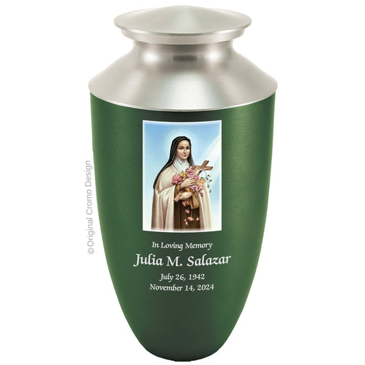 Catholic cremation urn with Saint Therese  Wood finish by Cromo NB