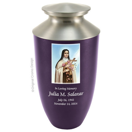Catholic cremation urn with Saint Therese  Wood finish by Cromo NB
