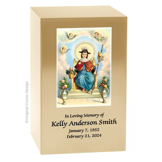 Catholic cremation urn with Child of Atocha  Wood finish by Cromo NB