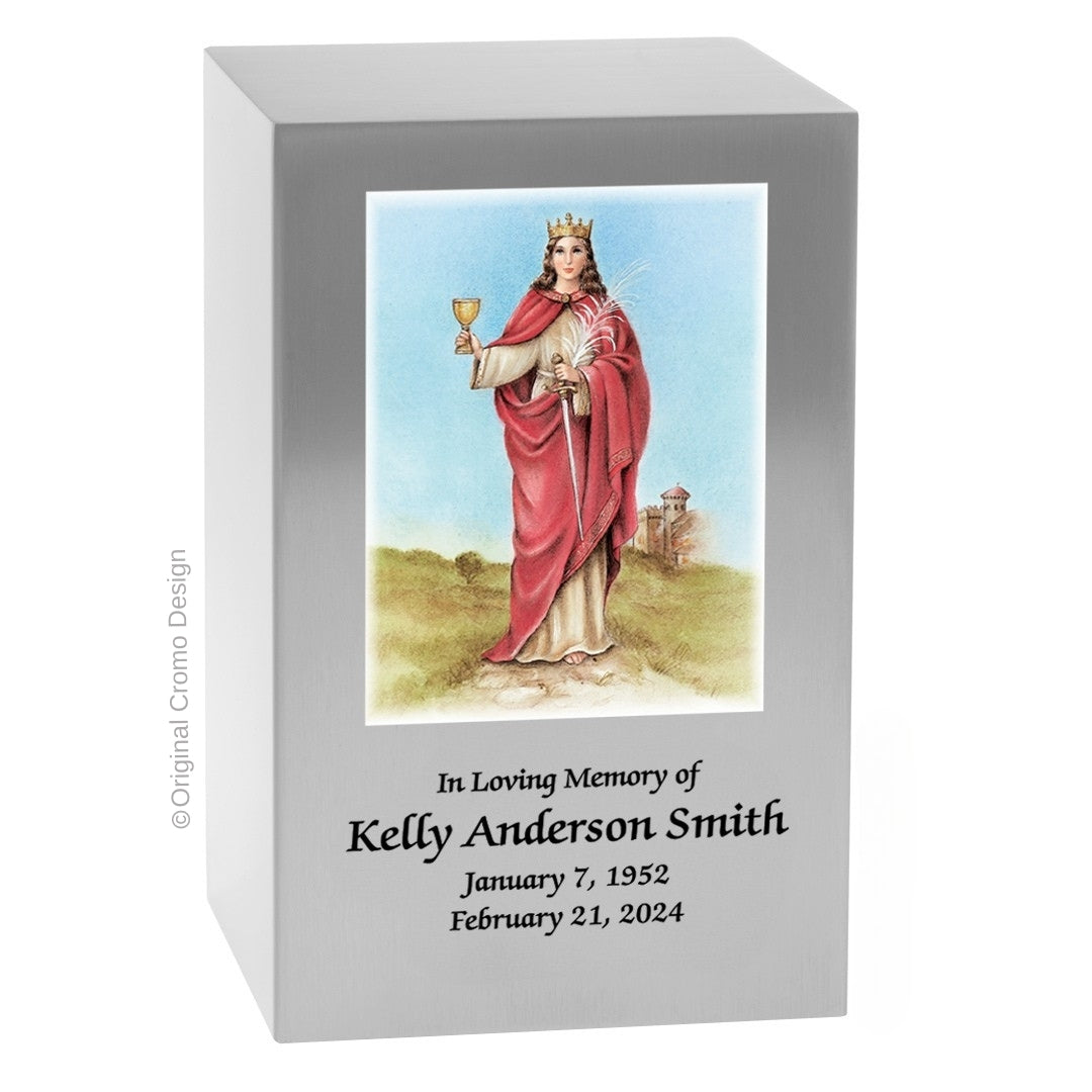 Catholic cremation urn with Our Lady of Santa Barbara  Wood finish by Cromo NB