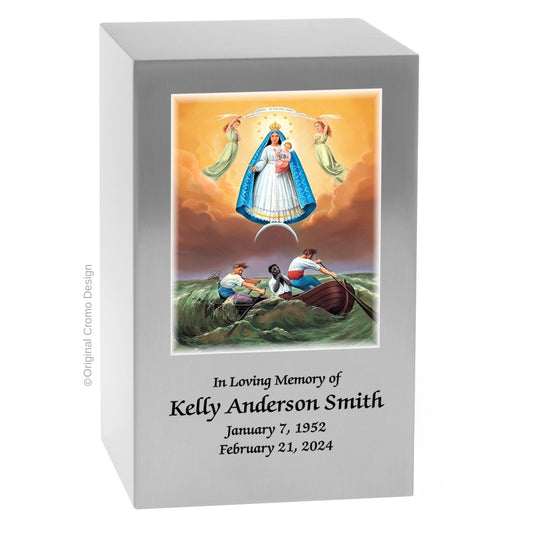 Catholic cremation urn with Our Lady of Charity  Wood finish by Cromo NB