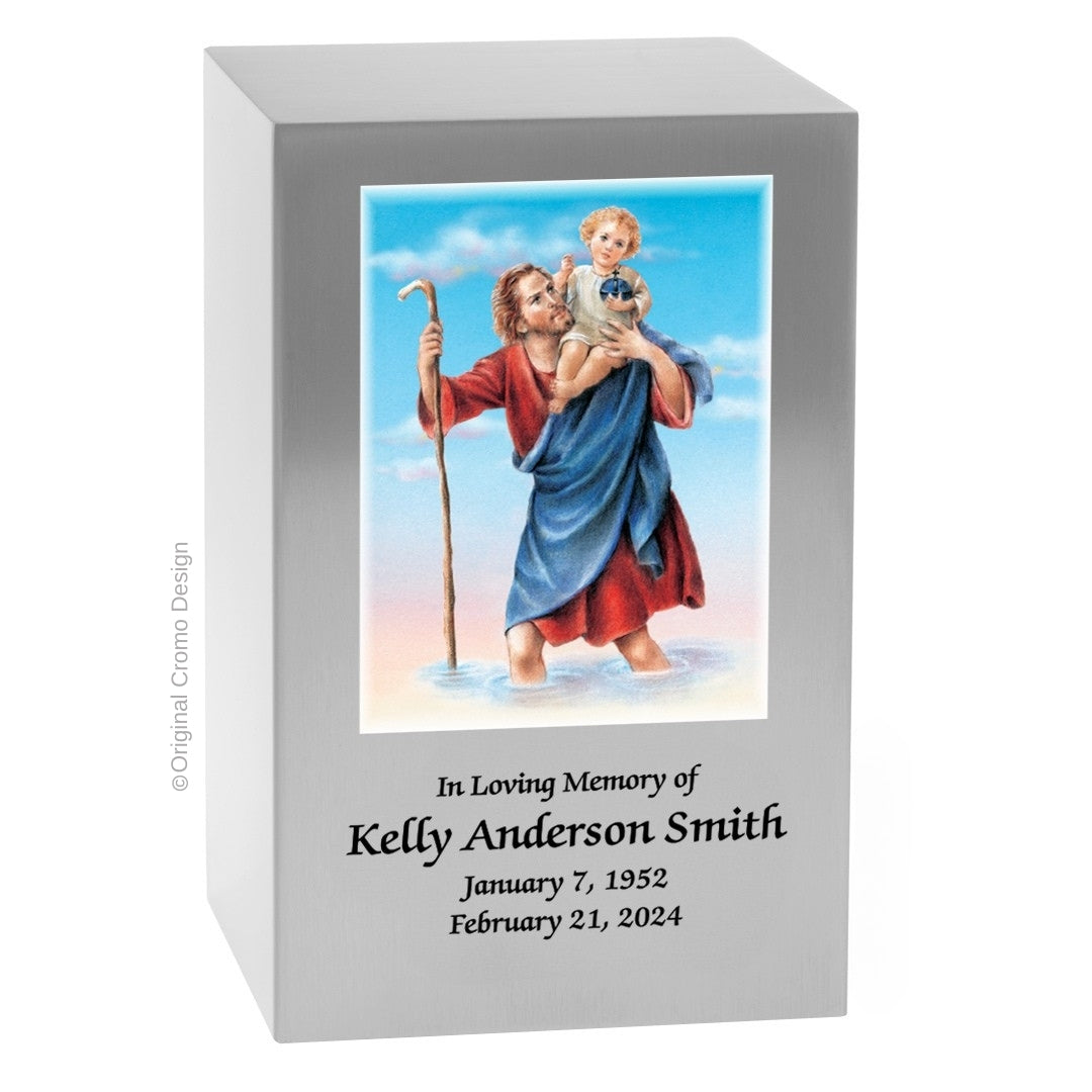 Catholic cremation urn with Saint Christopher  Wood finish by Cromo NB