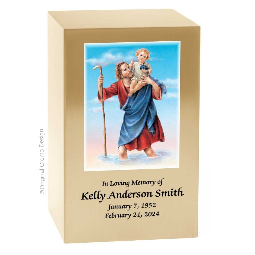Catholic cremation urn with Saint Christopher  Wood finish by Cromo NB