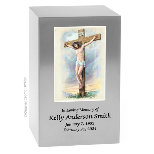 Catholic cremation urn with Crucifixion  Wood finish by Cromo NB