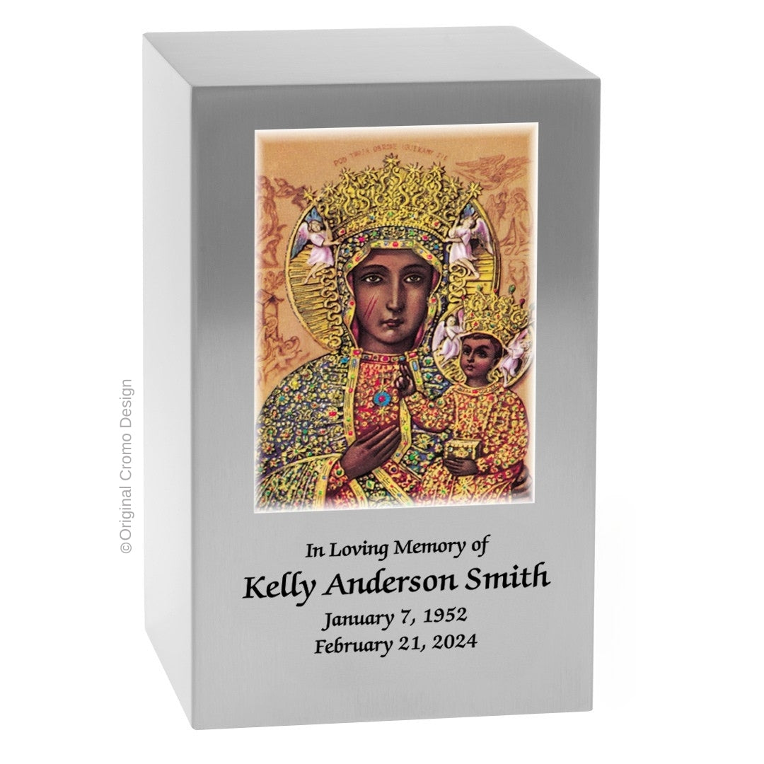 Catholic cremation urn with Our Lady of Czetechowa  Wood finish by Cromo NB