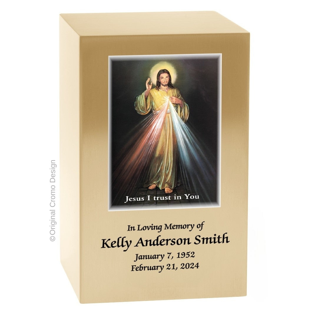 Catholic cremation urn with Divine Mercy English  Wood finish by Cromo NB