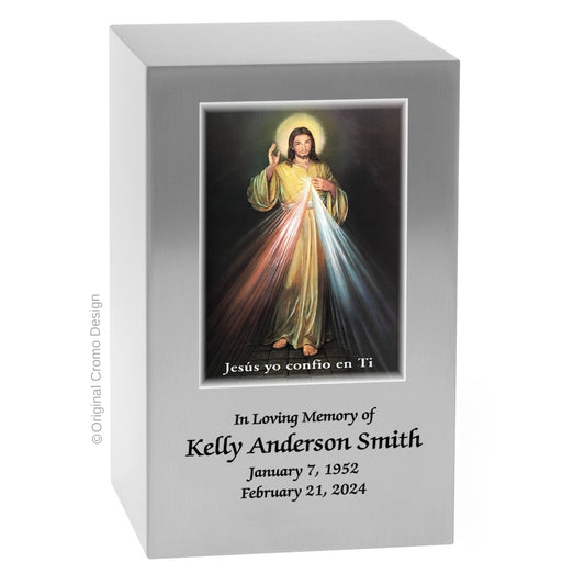 Catholic cremation urn with Divine Mercy Spanish  Wood finish by Cromo NB