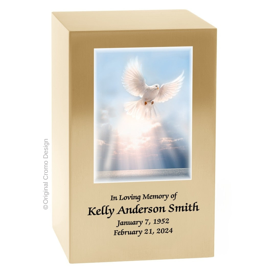 Catholic cremation urn with White Dove  Wood finish by Cromo NB
