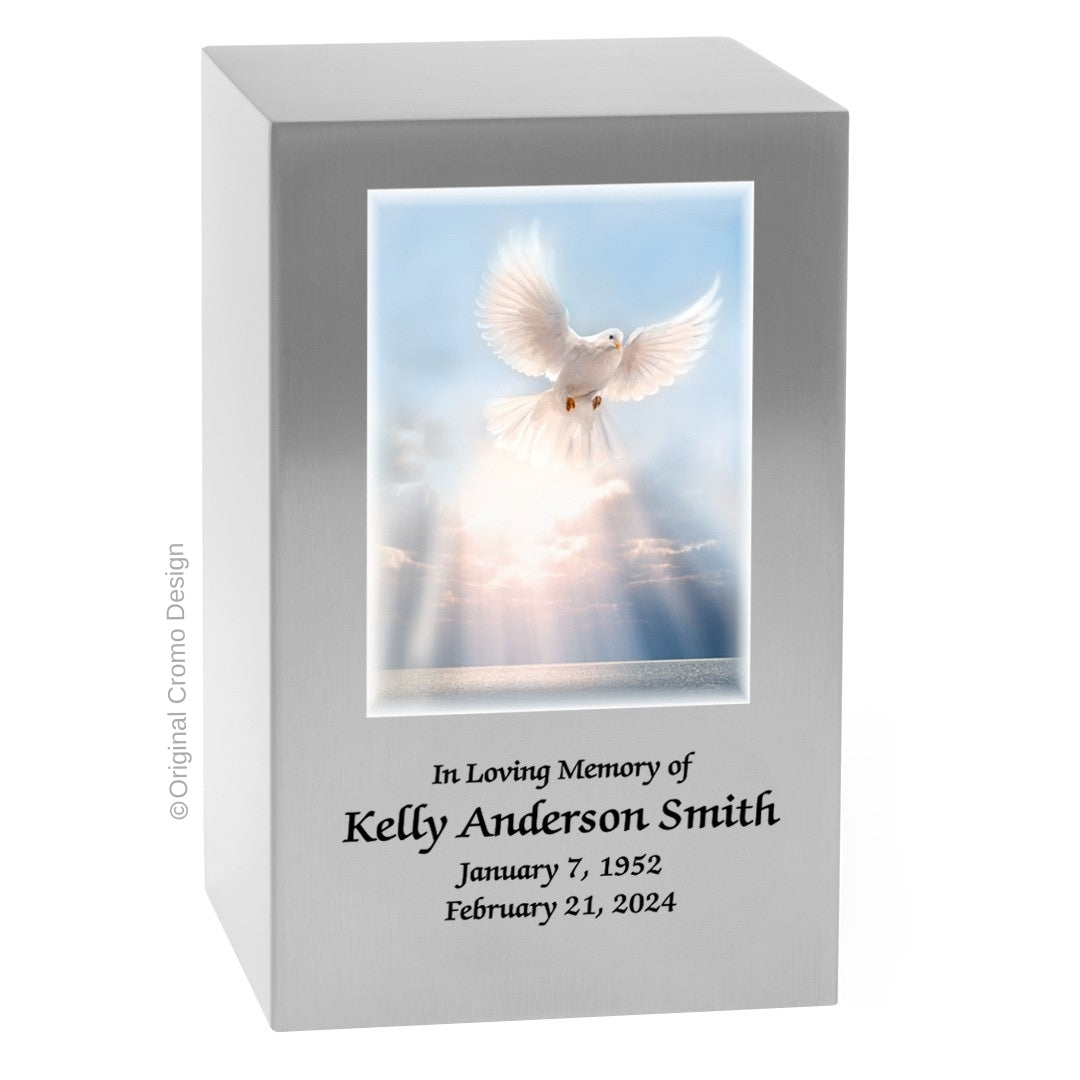 Catholic cremation urn with White Dove  Wood finish by Cromo NB