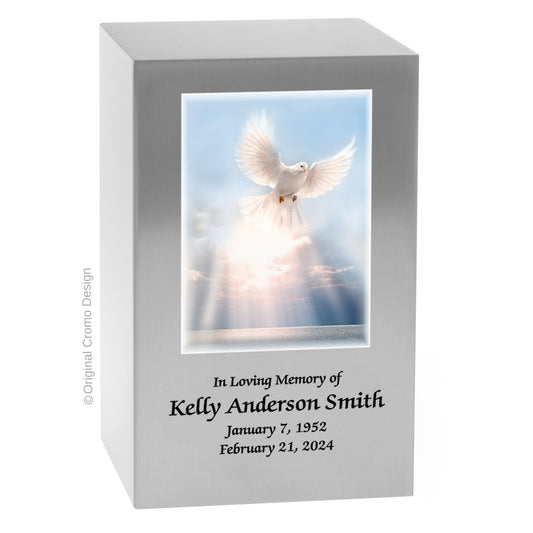 Catholic cremation urn with White Dove  Wood finish by Cromo NB