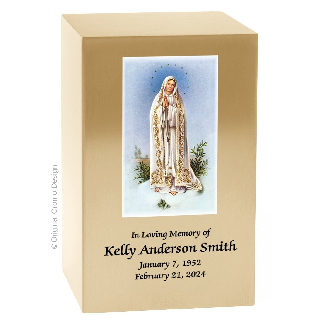 Catholic cremation urn with Our Lady of Fatima  Wood finish by Cromo NB