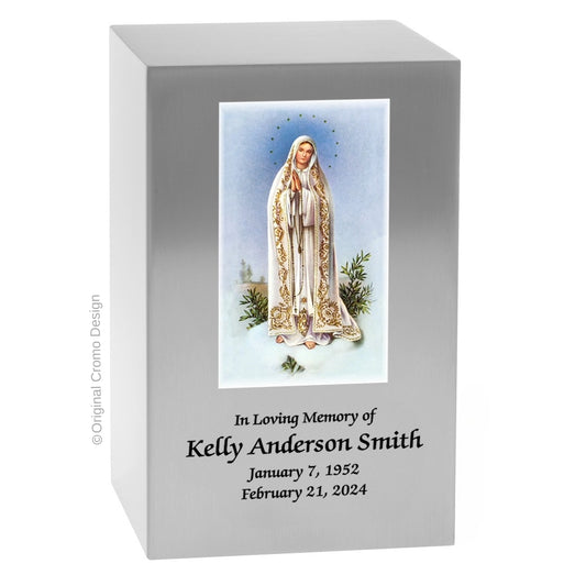 Catholic cremation urn with Our Lady of Fatima  Wood finish by Cromo NB