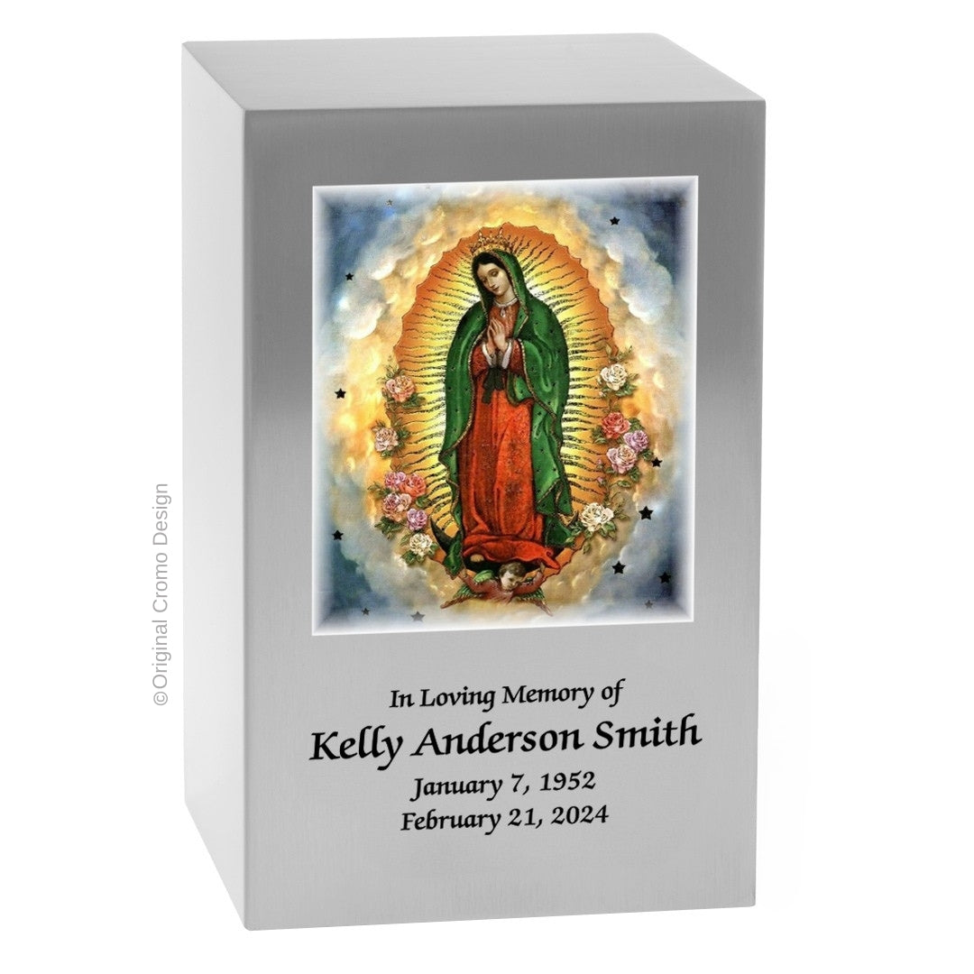 Catholic cremation urn with Our Lady of Guadalupe  Wood finish by Cromo NB