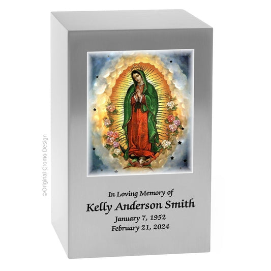 Catholic cremation urn with Our Lady of Guadalupe  Wood finish by Cromo NB