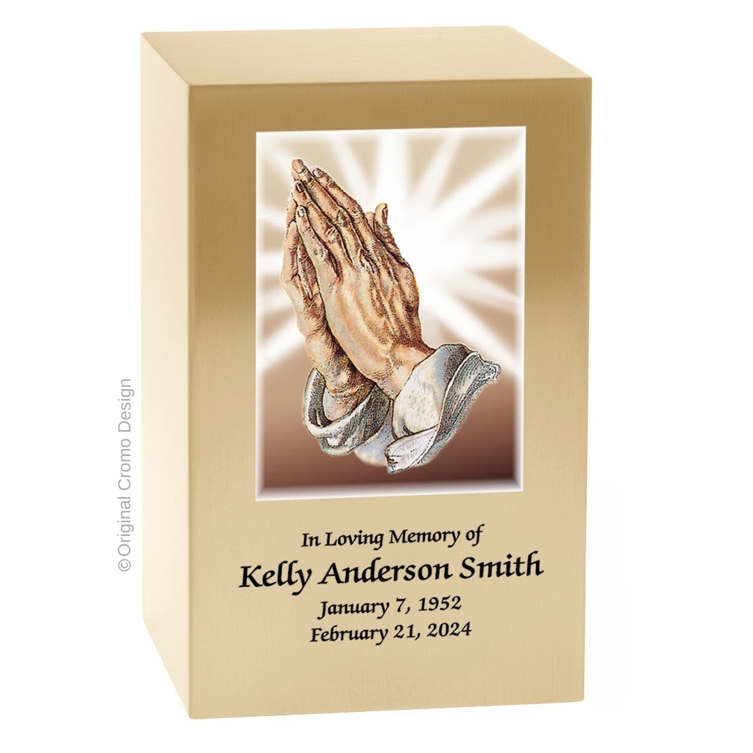 Catholic cremation urn with Praying Hands  Wood finish by Cromo NB