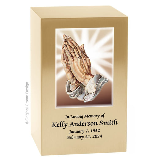Catholic cremation urn with Praying Hands  Wood finish by Cromo NB
