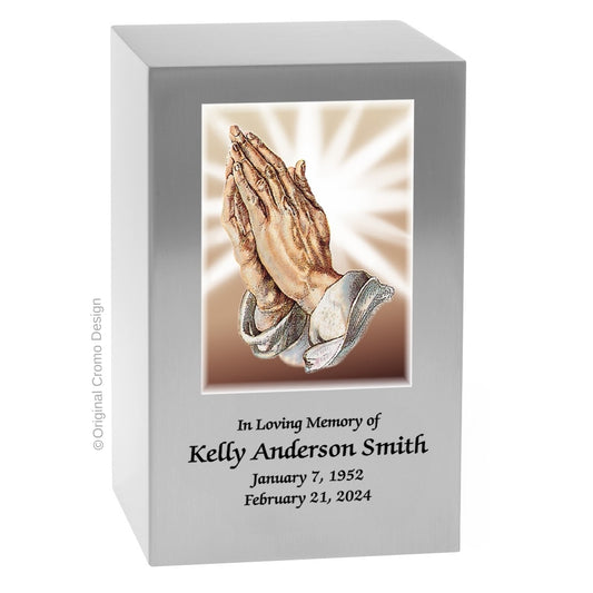 Catholic cremation urn with Praying Hands  Wood finish by Cromo NB