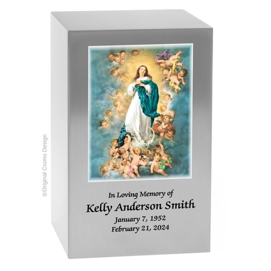 Catholic cremation urn with Immaculate Conception  Wood finish by Cromo NB