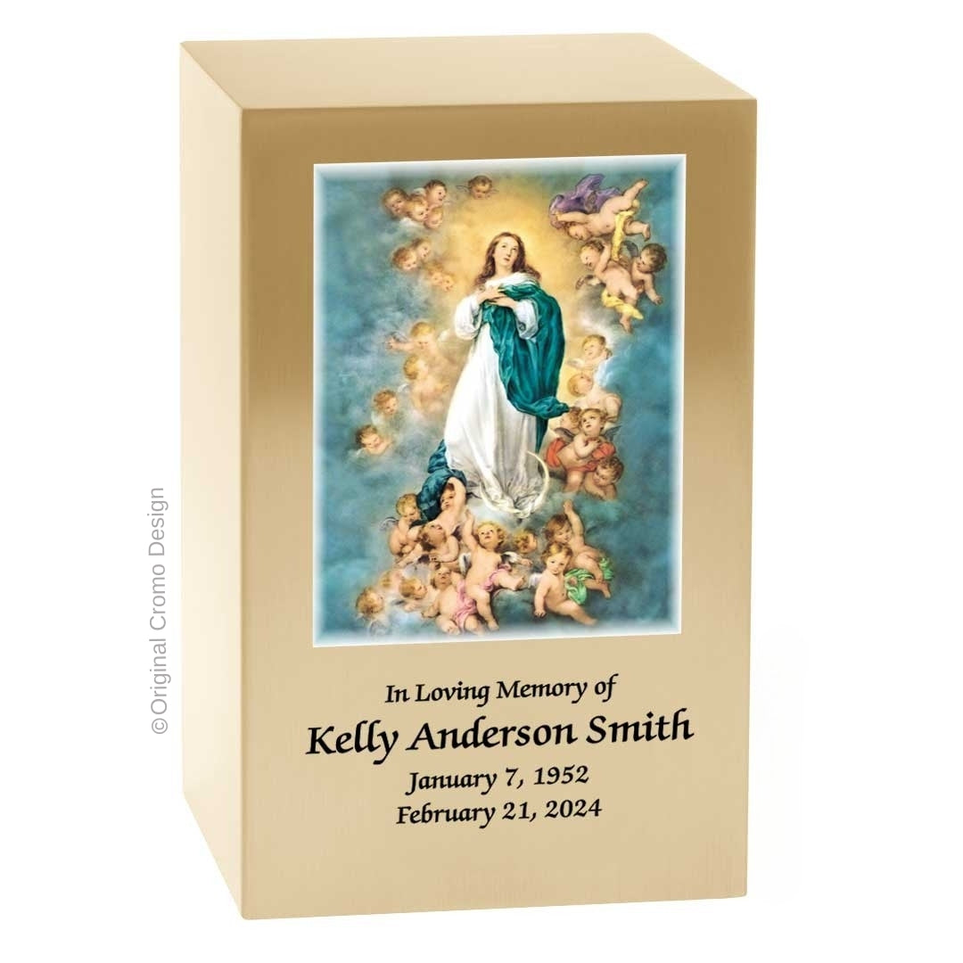 Catholic cremation urn with Immaculate Conception  Wood finish by Cromo NB