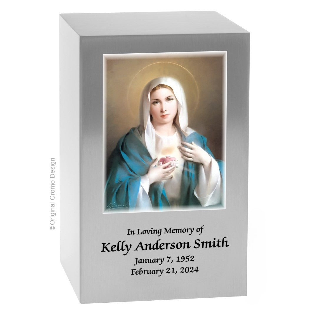 Catholic cremation urn with Immaculate Heart of Mary  Wood finish by Cromo NB