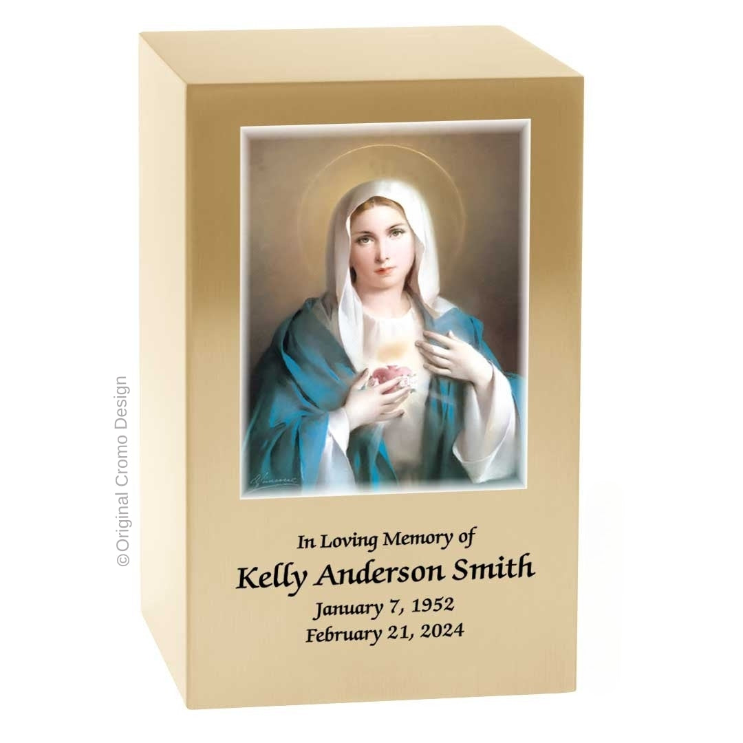 Catholic cremation urn with Immaculate Heart of Mary  Wood finish by Cromo NB