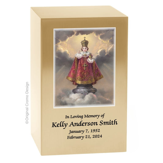 Catholic cremation urn with Infant of Prague  Wood finish by Cromo NB