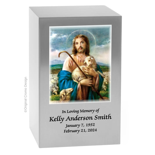 Catholic cremation urn with Jesus Shepherd  Wood finish by Cromo NB